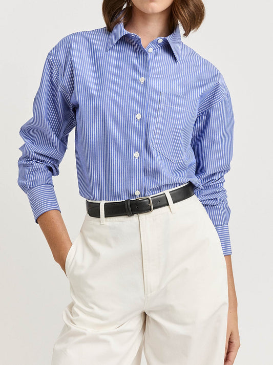 Image of a model wearing Tops. Product name - Toorallie Relaxed Cotton Shirt in Classic Stripe colour by brand - Toorallie