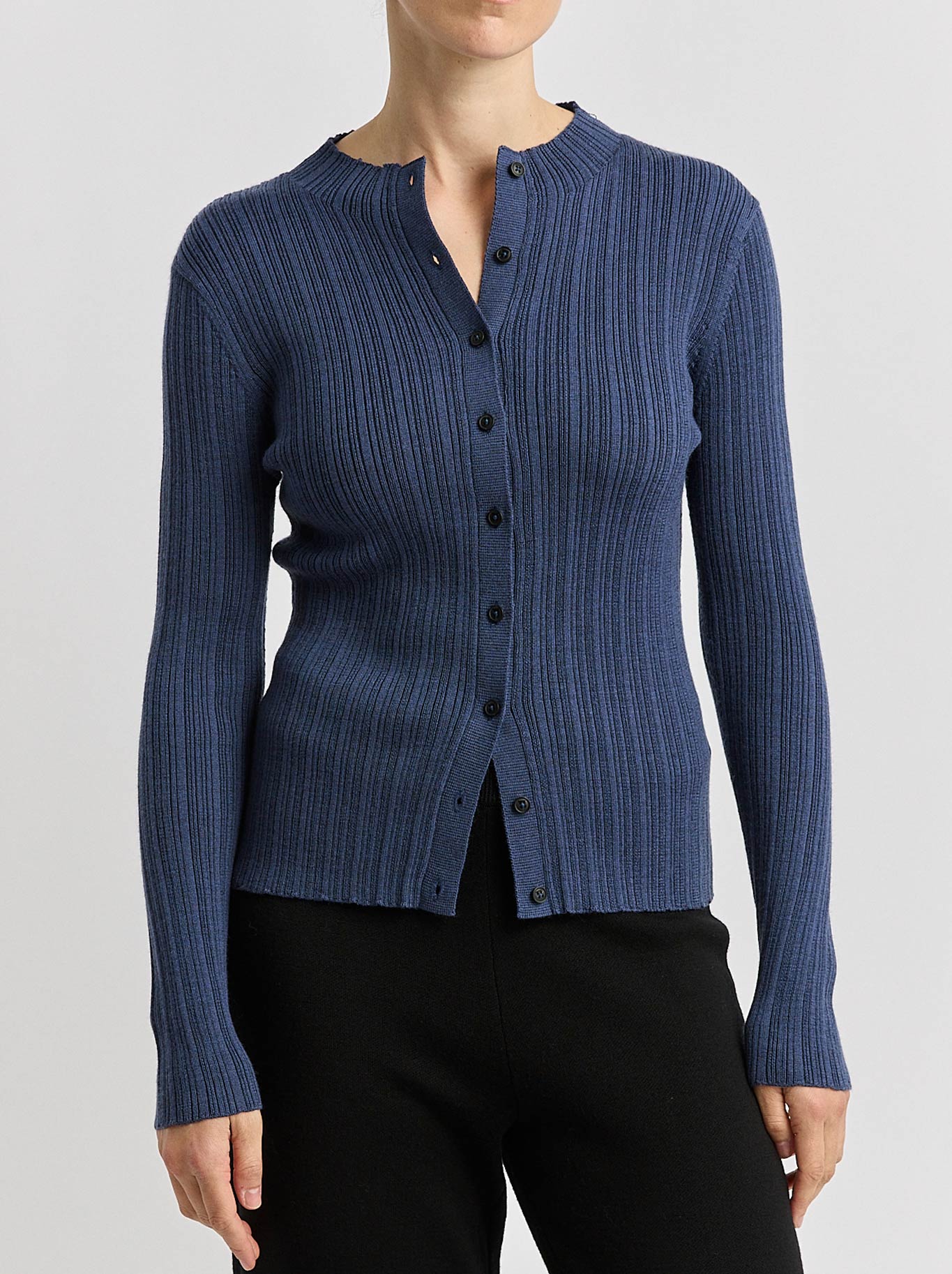 Image of a model wearing Outerwear. Productname: Toorallie Variegated Rib Cardi in Galaxy colour by brand - Toorallie