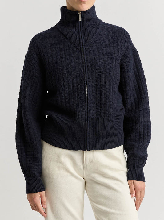 Image of a model wearing Tops. Productname: TOORALLIE GRID KNIT ZIP THROUGH in French Navy colour by brand - Toorallie