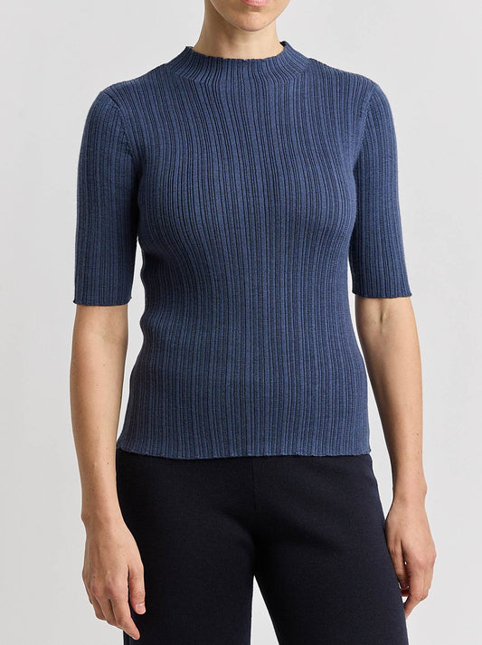 Image of a model wearing Outerwear. Productname: Toorallie Variegated Rib Top in Galaxy colour by brand - Toorallie