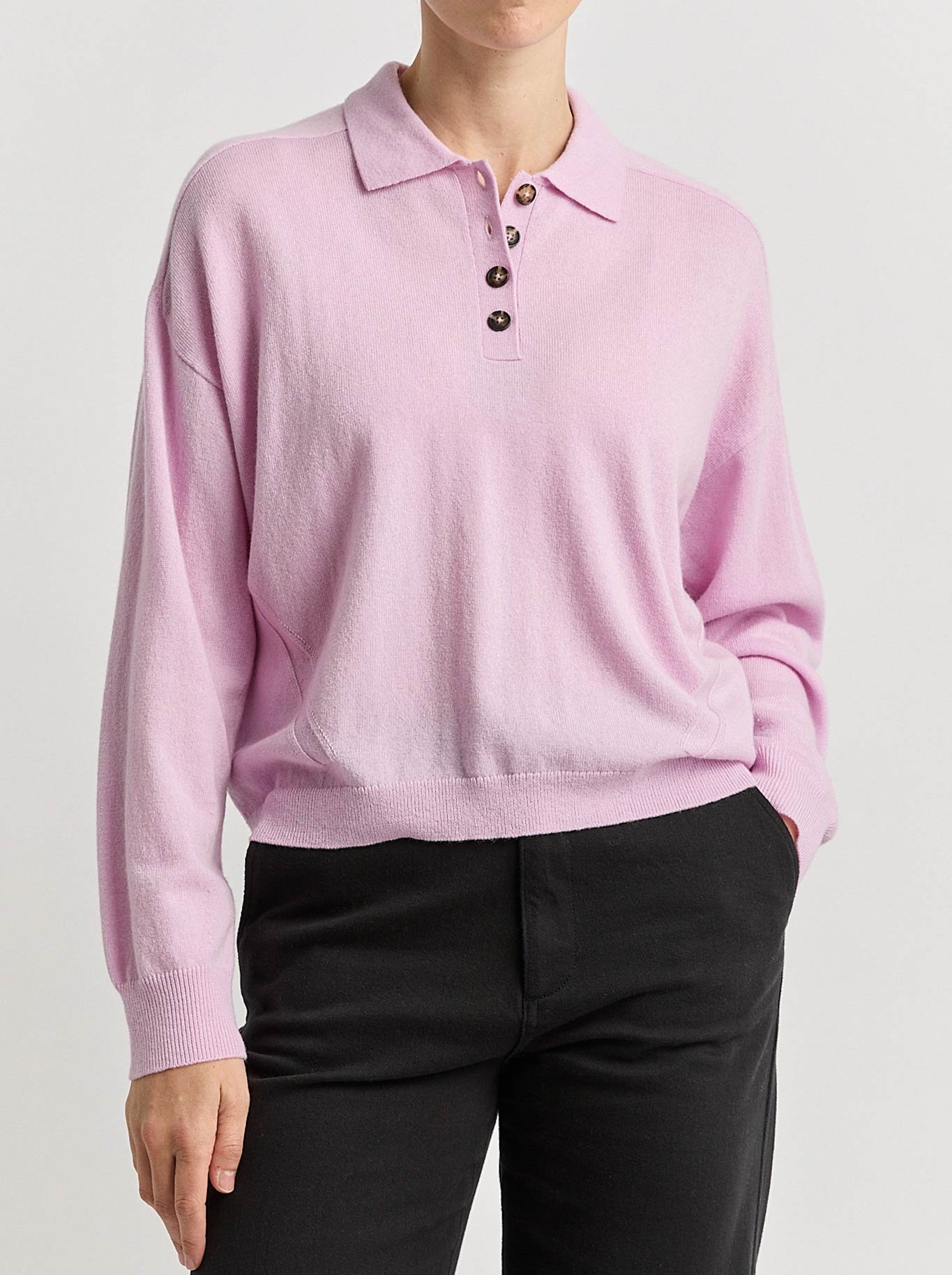 Image of a model wearing Outerwear. Productname: Toorallie Fine Jersey Polo in Powder Pink colour by brand - Toorallie