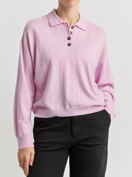 Image of a model wearing Outerwear. Productname: Toorallie Fine Jersey Polo in Powder Pink colour by brand - Toorallie