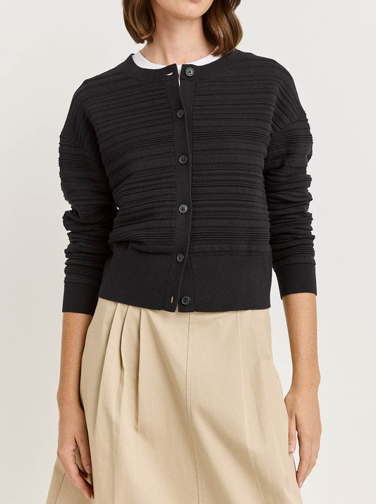 Image of a model wearing Outerwear. Product name - Toorallie Parallel Knit Cardi in Black colour by brand - Toorallie