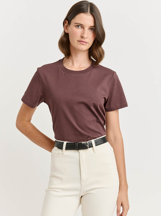 Image of a model wearing Tops. Product name - Toorallie Classic Organic Cotton Tee in Cacao colour by brand - Toorallie