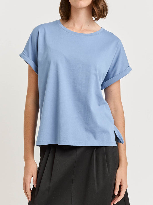 Image of a model wearing Tops. Product name - Toorallie Rolled Sleeve Organic Cotton Tee in Mist colour by brand - Toorallie