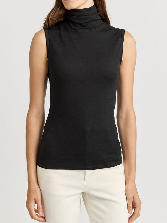 Image of a model wearing Tops. Productname: TOORALLIE SLEEVELESS ROLL NECK in Black colour by brand - Toorallie