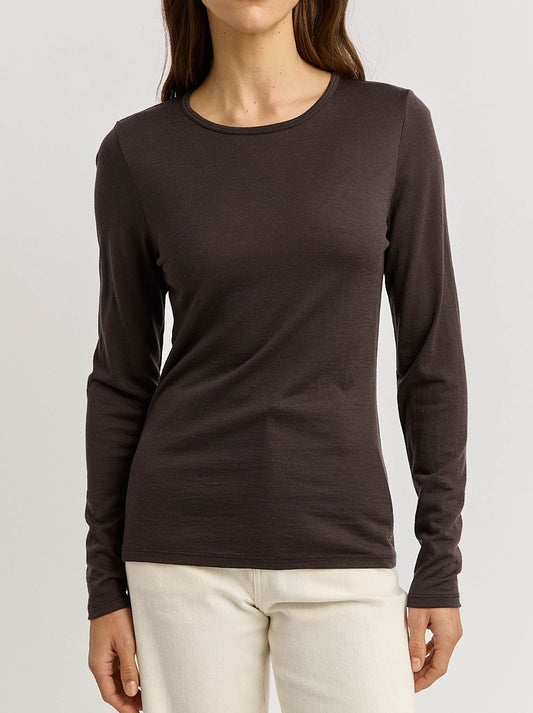 Image of a model wearing Tops. Productname: Toorallie Merino Crew in Date colour by brand - Toorallie