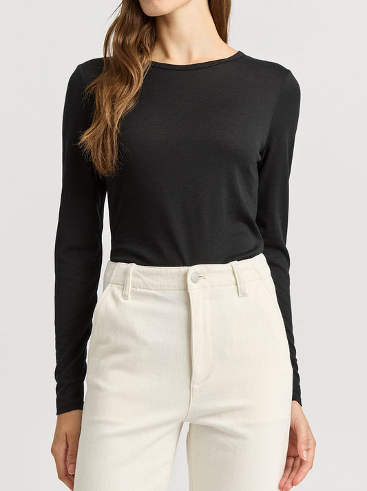 Image of a model wearing Tops. Productname: TOORALLIE MERINO CREW in Black colour by brand - Toorallie