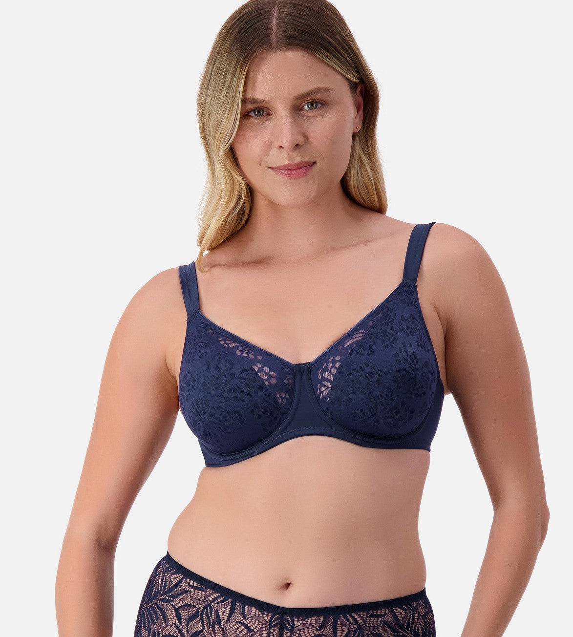 Image of Bras. Productname: Triumph Lacy Minimiser Bra in True Navy colour by brand - Triumph