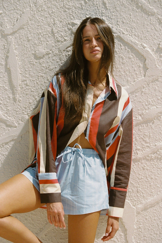 Image of a model wearing Tops. Productname: SNDYS TRUDIE SHIRT in Multi Stripe colour by brand - SNDYS