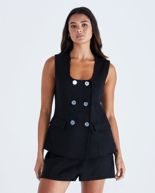 Image of a model wearing Tops. Product name - Nico Vest Black in Black colour by brand - Sass Clothing