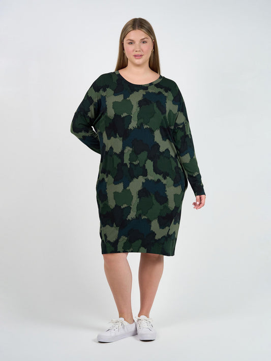 Image of Dresses. Product name - Turner Long-Sleeve Bamboo T-Shirt Dress Camouflage in Camouflage colour by brand - Lou Lou