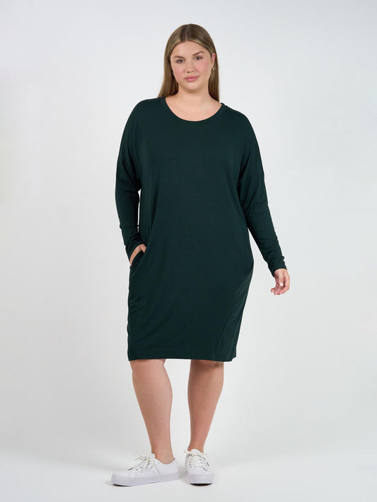 Image of Dresses. Product name - Turner Long-Sleeve Bamboo T-Shirt Dress Dark Green in Dark Green colour by brand - Lou Lou