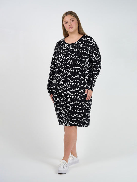 Image of Dresses. Product name - Turner Long-Sleeve Bamboo T-Shirt Dress Squiggle in Squiggle colour by brand - Lou Lou