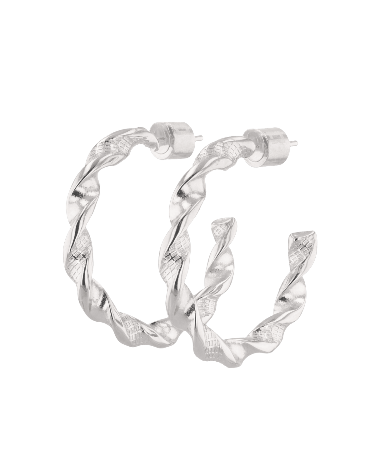 Image of Earrings. Product name - Twist Textured Silver Hoop Earrings in colour by brand - LAVANA