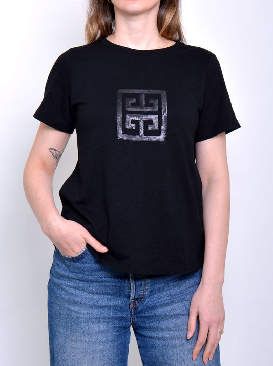 Image of a model wearing Tops. Productname: TWO-T'S SEQUIN SQUARE TEE in Black colour by brand - Two-T'S