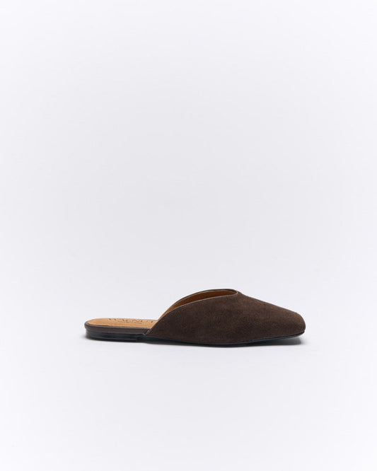 Image of Sandals. Productname: Tyla Leather Mule in Bitter Chocolate Suede colour by brand - Walnut Melbourne