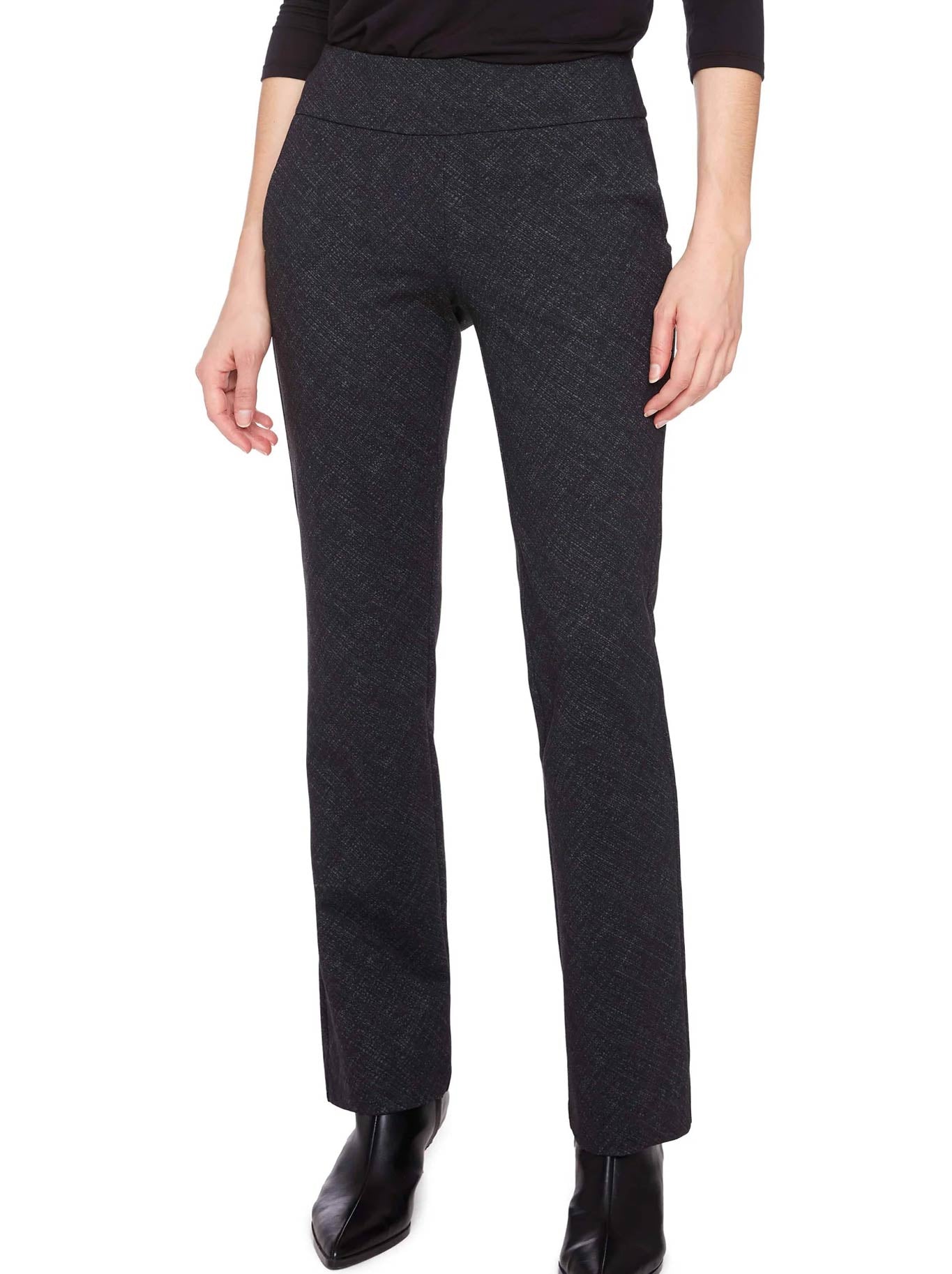 Image of a model wearing Pants. Product name - Up! Full Length Boot Leg Ponte Pant in Char colour by brand - Up Pants