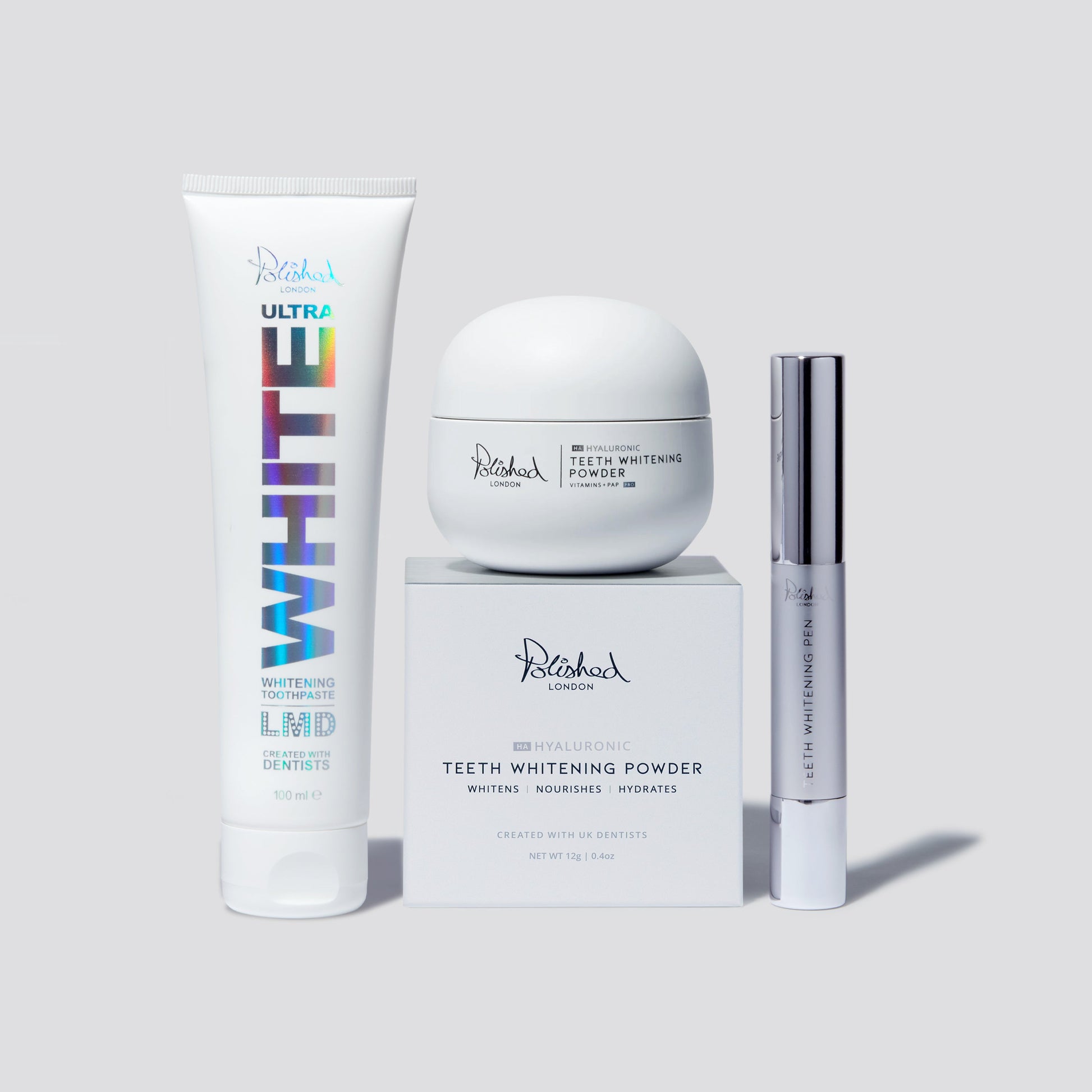 Image of Teeth Whiteners. Product name - Ultra White Toothpaste + Teeth Whitening Powder + Teeth Whitening Pen Bundle in colour by brand - Polished London