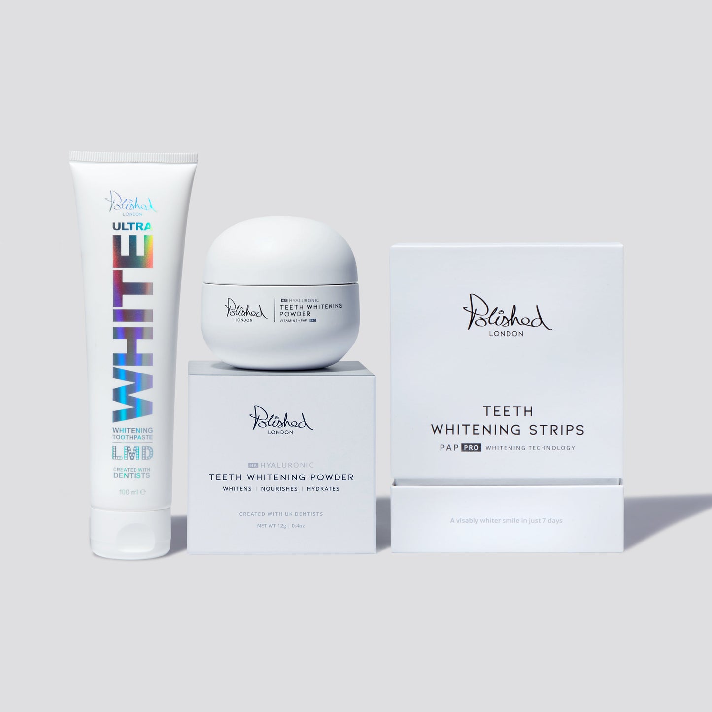 Polished London Ultra White Toothpaste + Teeth Whitening Powder + Teeth Whitening Strips Bundle