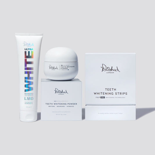 Polished London Ultra White Toothpaste + Teeth Whitening Powder + Teeth Whitening Strips Bundle