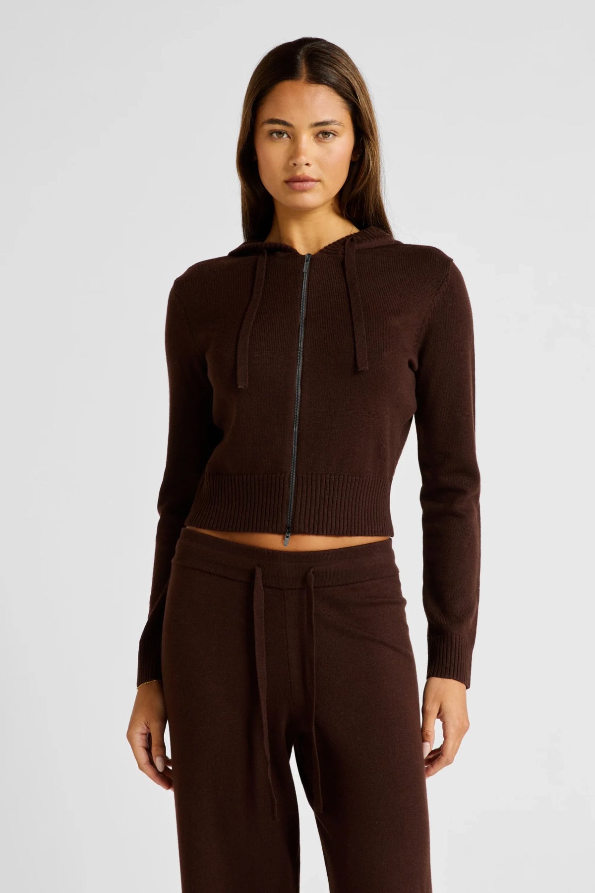 Image of Coats & Jackets. Product name - Two Way Knit Hoodie in Espresso colour by brand - All Fenix