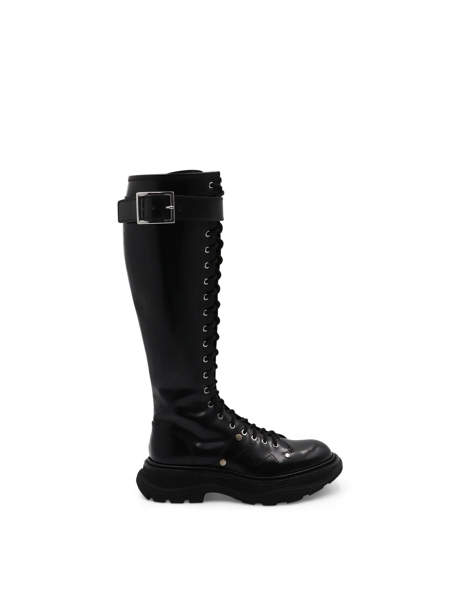 Image of Boots. Productname: ALEXANDER MCQUEEN Tread Knee High Lace Up Boots in Black colour by brand - ALEXANDER MCQUEEN