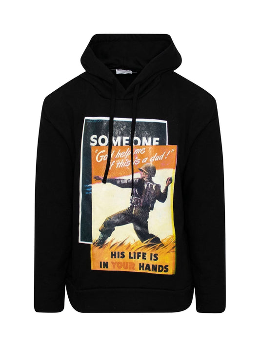 Image of a model wearing Outerwear. Productname: IH NOM UH NIT Propaganda 2 Hoodie in BLACK colour by brand - IH NOM UH NIT