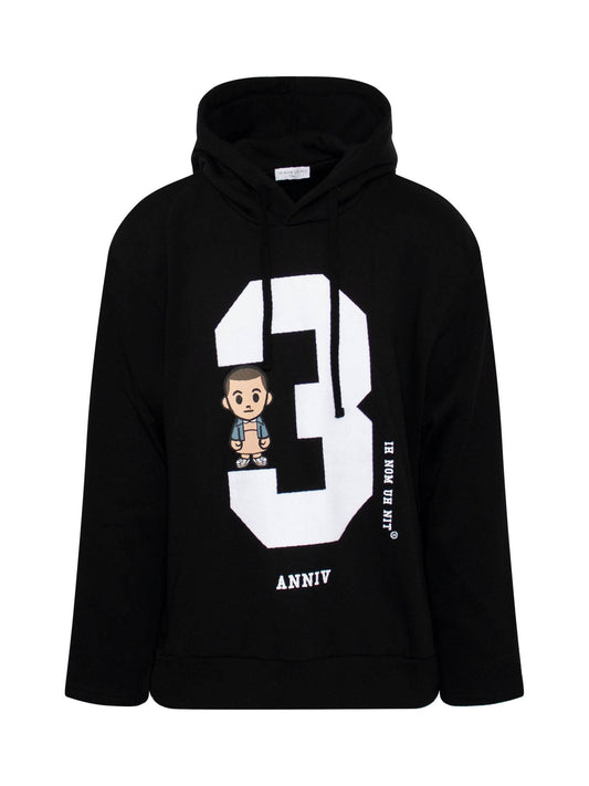 Image of a model wearing Outerwear. Productname: IH NOM UH NIT 3 Eleven Hoodie in BLACK colour by brand - IH NOM UH NIT