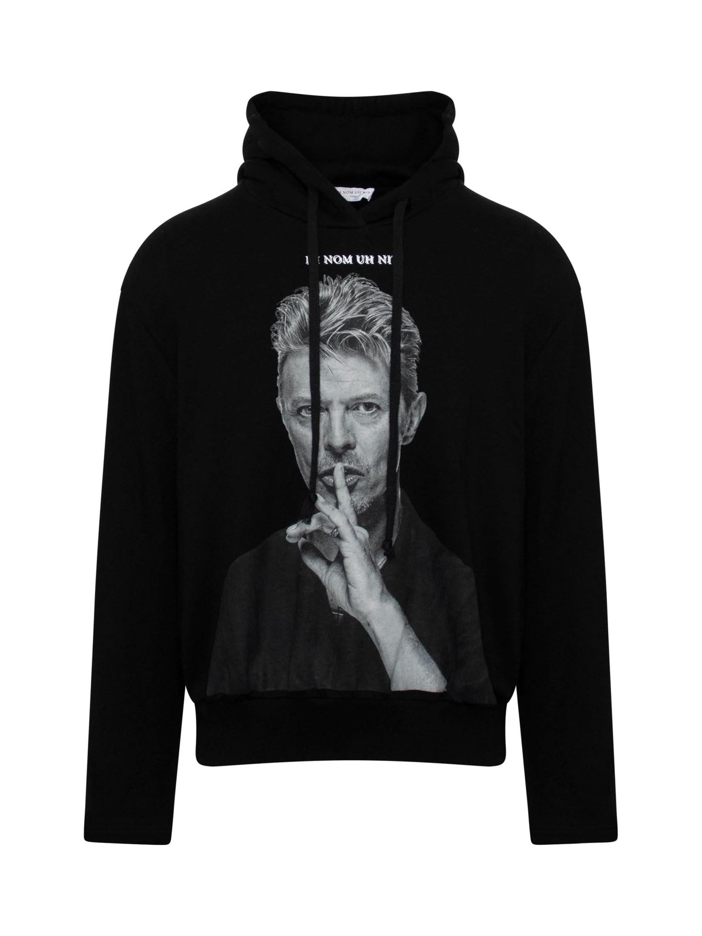 Image of a model wearing Outerwear. Productname: IH NOM UH NIT Bowie Silence Hoodie in BLACK colour by brand - IH NOM UH NIT