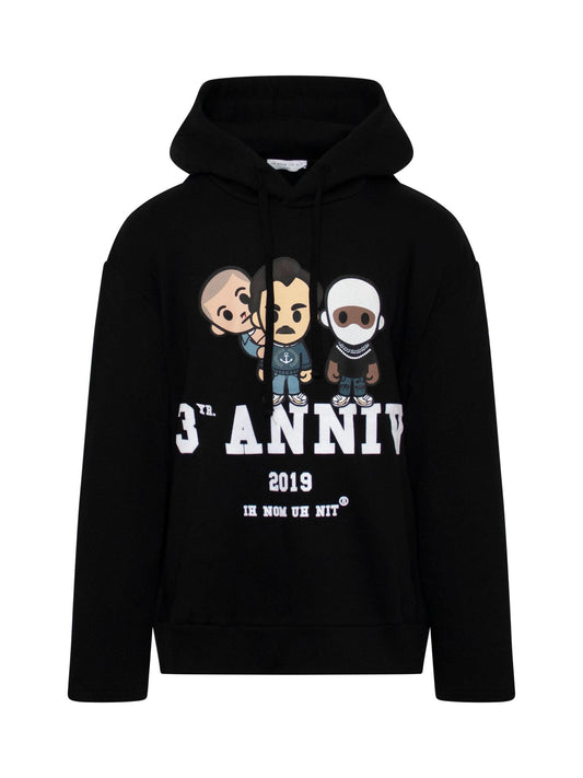 Image of a model wearing Outerwear. Productname: IH NOM UH NIT All 3 Anniversary Hoodie in BLACK colour by brand - IH NOM UH NIT