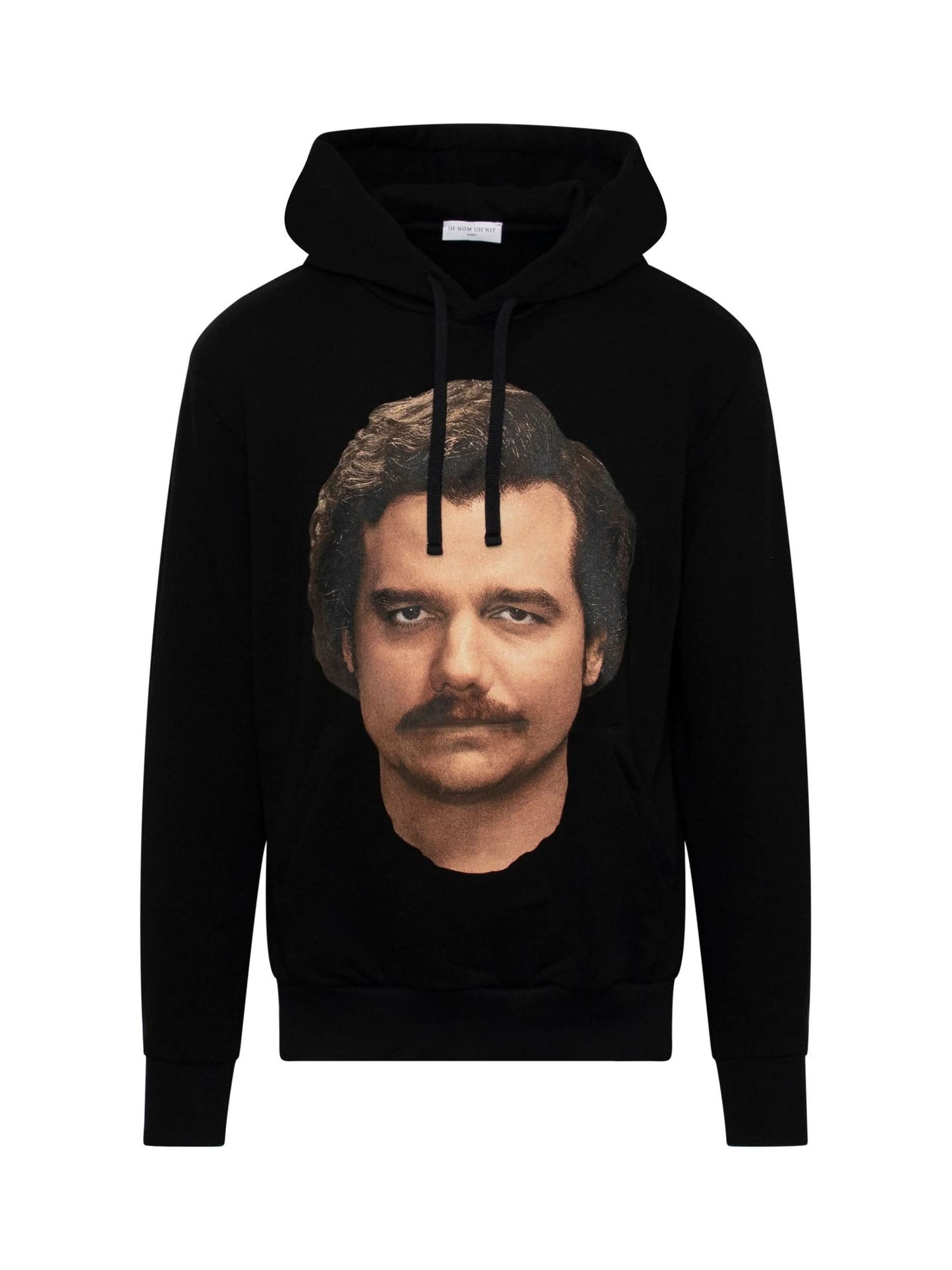 Image of a model wearing Outerwear. Productname: IH NOM UH NIT Pablo Hoodie in BLACK colour by brand - IH NOM UH NIT
