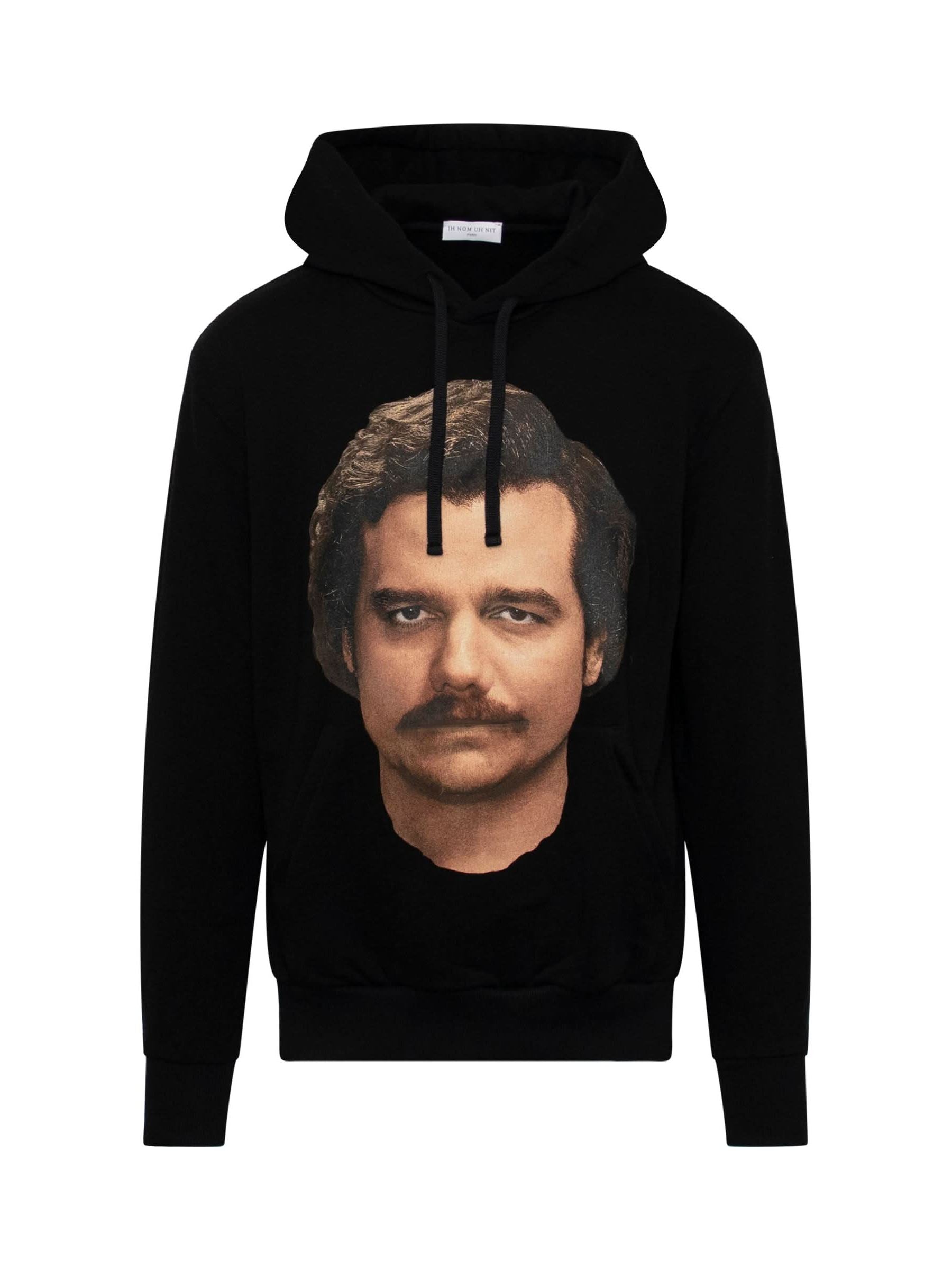 Image of a model wearing Outerwear. Productname: IH NOM UH NIT Pablo Hoodie in BLACK colour by brand - IH NOM UH NIT