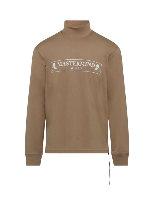 Image of a model wearing Tops. Productname: MASTERMIND Boxed Logo Hi Neck Long Sleeve T-Shirt in BEIGE colour by brand - MASTERMIND
