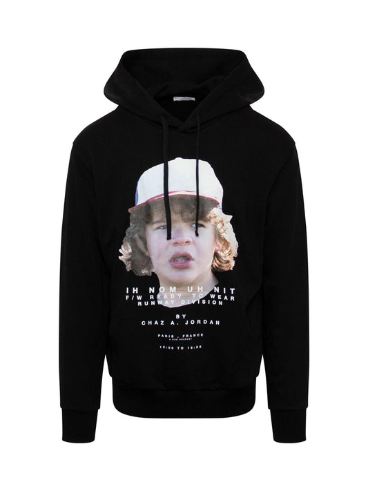 Image of a model wearing Outerwear. Productname: IH NOM UH NIT Dustin Hoodie in BLACK colour by brand - IH NOM UH NIT