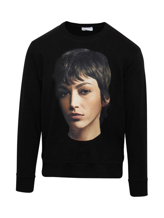 Image of a model wearing Outerwear. Productname: IH NOM UH NIT Tokyo Face Sweatshirt in BLACK colour by brand - IH NOM UH NIT