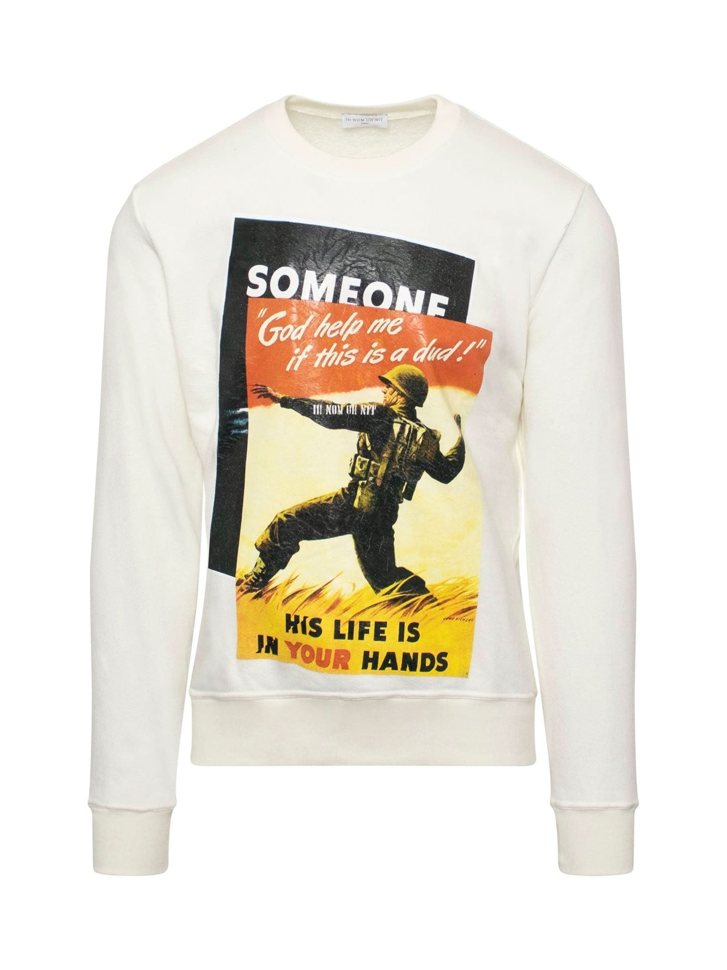 Image of a model wearing Outerwear. Productname: IH NOM UH NIT Propaganda 2 Sweatshirt in WHITE colour by brand - IH NOM UH NIT