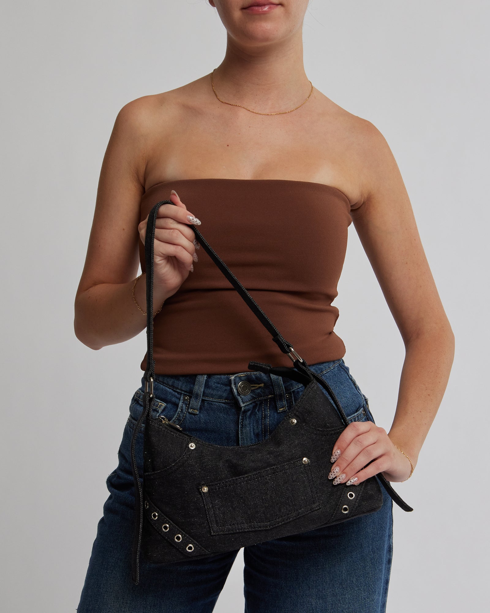 Image of Shoulder Bags. Product name - Ashley Black Denim Shoulder Bag in Denim colour by brand - Colette by Colette Hayman