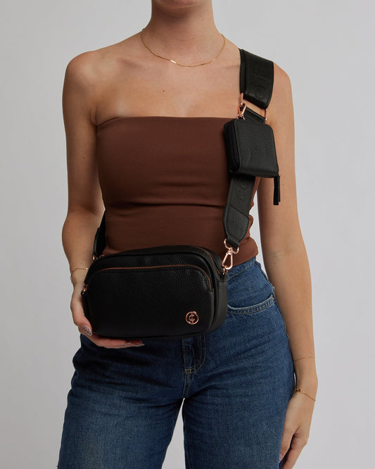 Image of Bags. Productname: Colette Black And Rose Gold Amalia Crossbody Bag in Black colour by brand - Colette