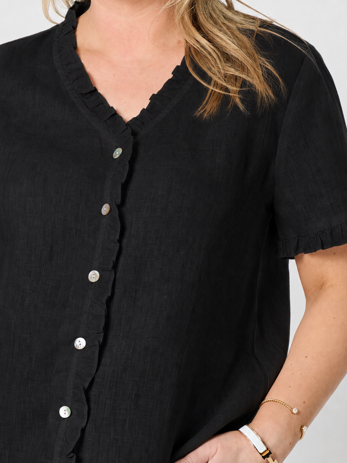 Gordon Smith Audrey Linen Short Sleeve Ruffle Shirt (Black)