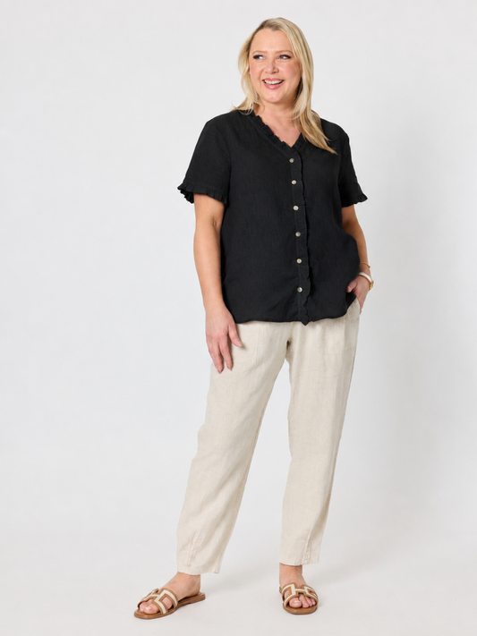 Gordon Smith Audrey Linen Short Sleeve Ruffle Shirt (Black)