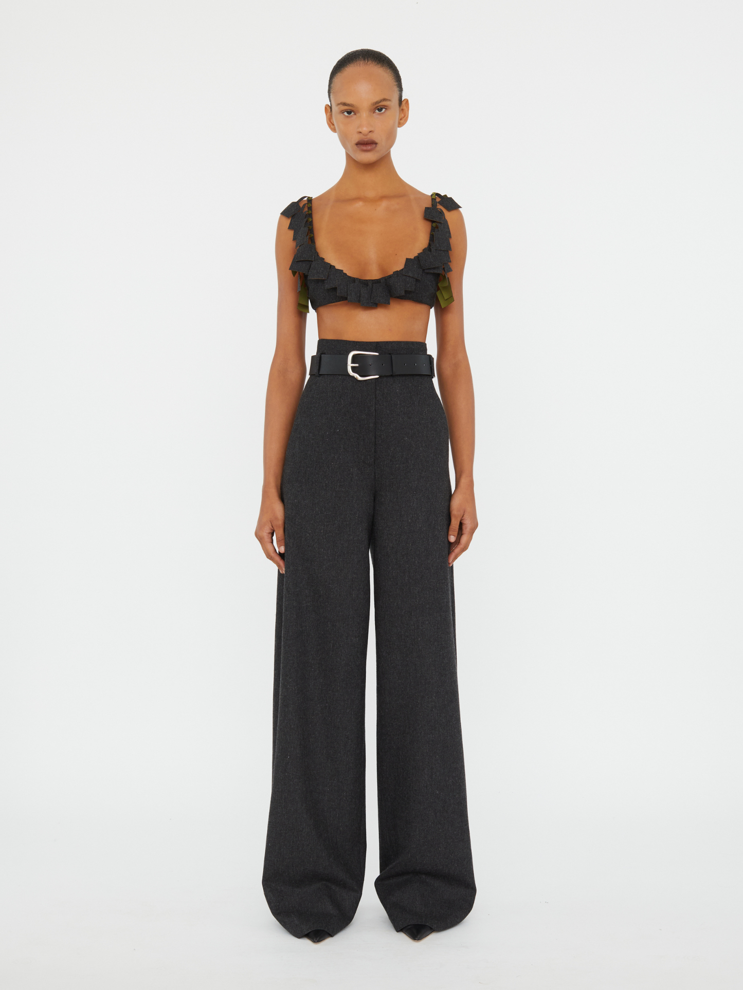 Image of a model wearing Pants. Productname: CHRISTOPHER ESBER Palmas High Waisted Trouser in Carbon colour by brand - CHRISTOPHER ESBER