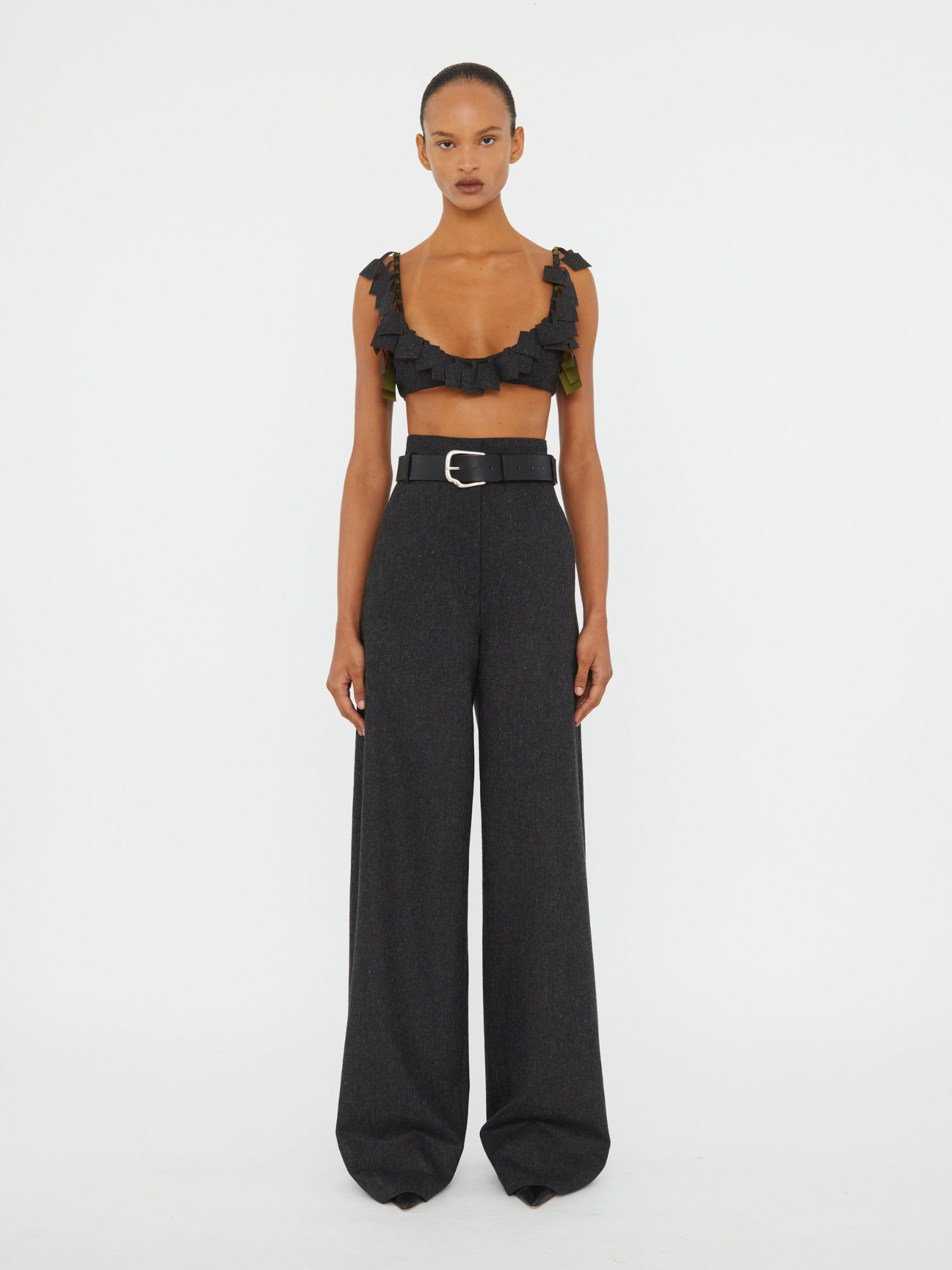 Image of a model wearing Pants. Productname: CHRISTOPHER ESBER Palmas High Waisted Trouser in Carbon colour by brand - CHRISTOPHER ESBER