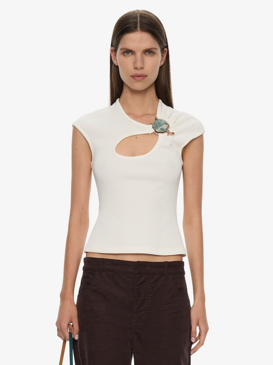 Image of a model wearing Tops. Productname: CHRISTOPHER ESBER Mineral Stone Hollow Tee in White colour by brand - CHRISTOPHER ESBER