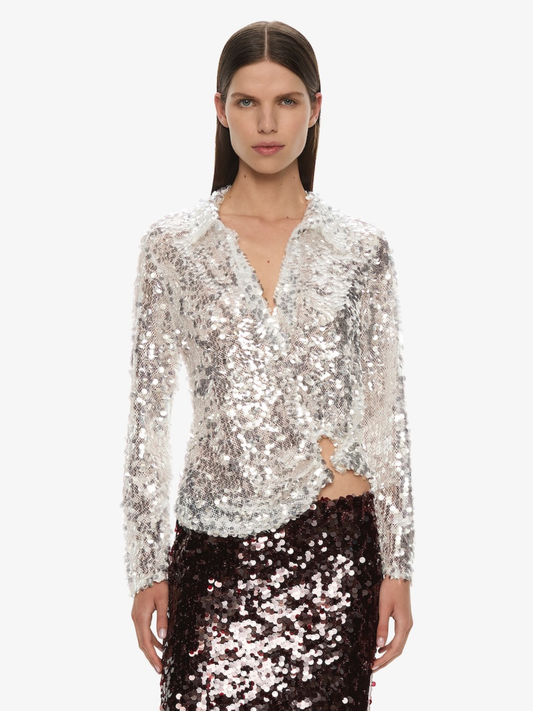 CHRISTOPHER ESBER Opaline Sequin Long Sleeve Polo (Silver)