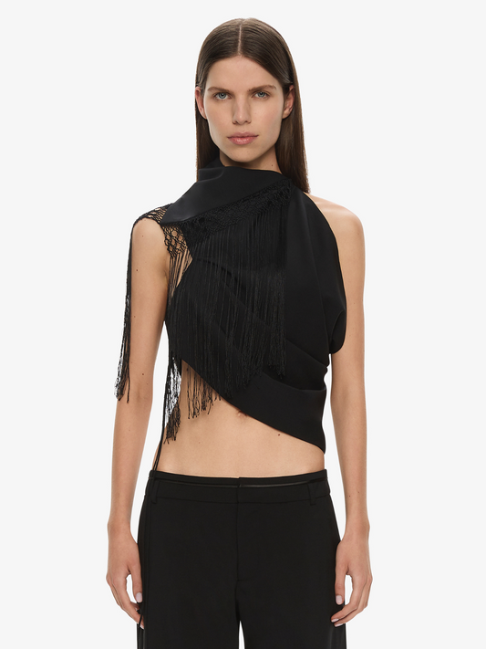 Image of Scarves & Shawls. Productname: CHRISTOPHER ESBER Unravel Macrame Wrap Top in Black colour by brand - CHRISTOPHER ESBER