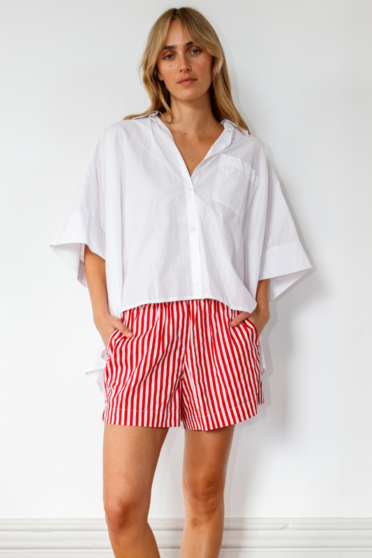Image of a model wearing Shorts. Productname: Itami Short Olsen Stripe in Stripe colour by brand - Itami Division