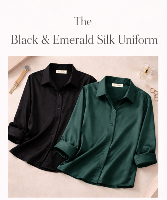 Image of Shirts. Productname: The Black & Emerald Silk Uniform in Black colour by brand - The Fable
