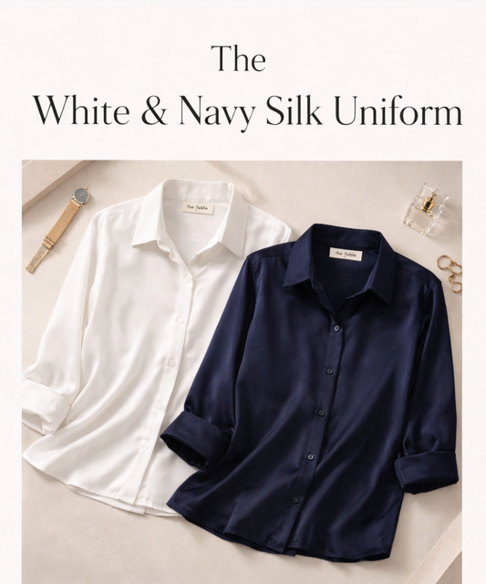 Image of Shirts. Productname: The White & Navy Silk Uniform in White colour by brand - The Fable