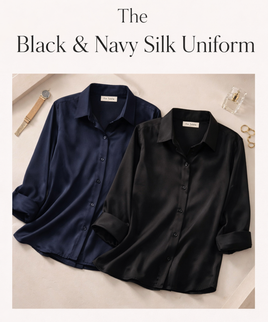 Image of Shirts. Productname: The Black & Navy Silk Uniform in Black colour by brand - The Fable